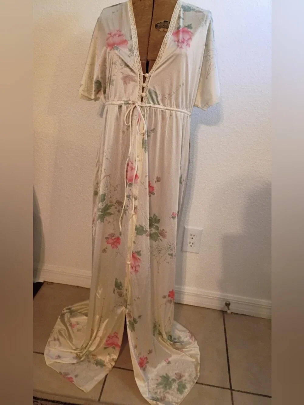 Vintage Floral Ivory & Pink Maxi Nightgown with Drawstring Waist